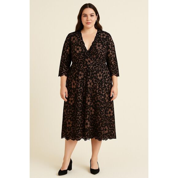 Kiyonna 2X Plus Lace Midi Dress Black Nude Floral Overlay Cocktail Party Evening - Picture 1 of 5